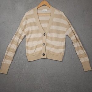 Evereve Cardigan Womens XS Kiki Sweater Striped Oatmeal and Beige